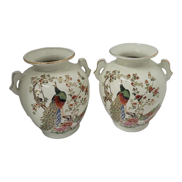Vintage White Japan Ceramic Vases With Hand Painted Peacock Motif - a Pair For Sale
