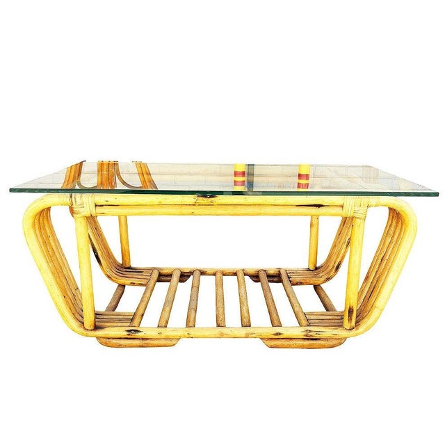 Restored Mid-Century Floating Glass Top Rattan Coffee & Side Table, Pair For Sale In Los Angeles - Image 6 of 10