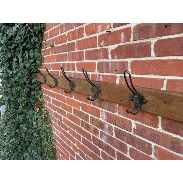 Late 19th Century Rustic Pine Coat Hook Rack Rail – Solid Wooden Wall Mounted With Iron Hooks 1900 For Sale - Image 5 of 9