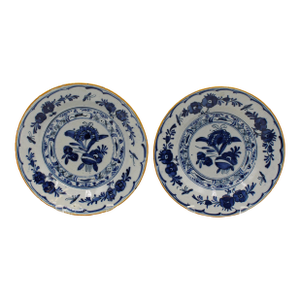 Circa 1780 Dutch Pair of Delft Yellow Rim Blue & White Soup Plates
