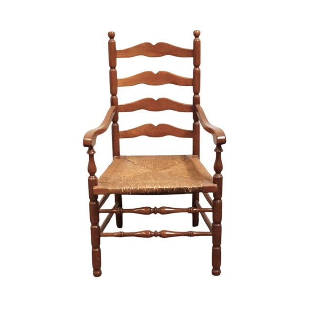 American Statton Furniture Solid Hard Rock Maple Colonial Early American Ladder Back Dining Arm Chair W. Rush Seat For Sale - Image 3 of 10
