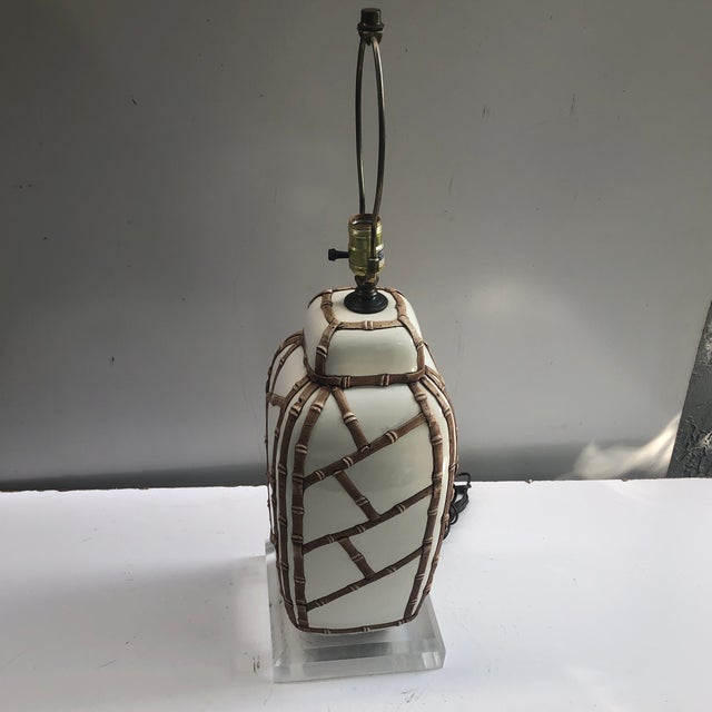 Ivory Faux Bamboo Lamp on Lucite Base For Sale - Image 8 of 13