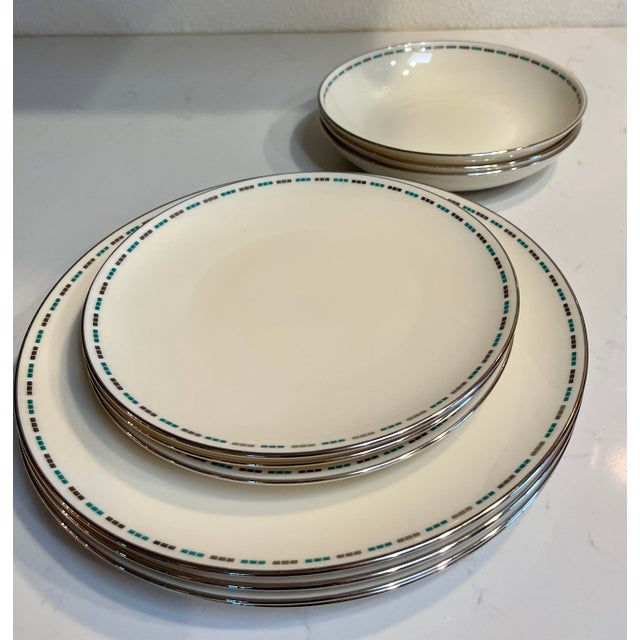 1960's Lenox "Oslo" Green and Platinum China Dinnerware, Set of 12 Chairish