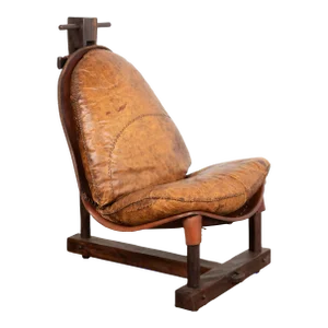 Mid Century Brutalist Patched Vintage Leather Lounge Chair, Brazil 1960's