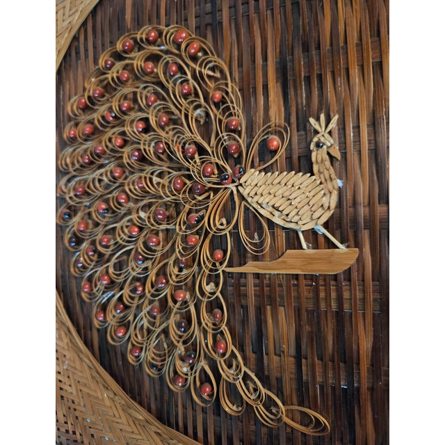 Mid-Century Modern Vintage 1970s Wicker Peacock Wall Hanging Boho Rattan Woven Art (Lg) For Sale - Image 3 of 6