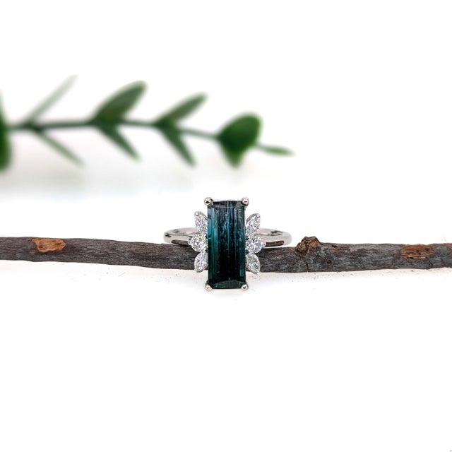 Modern 3ct Indicolite Tourmaline Ring With Earth Mined Diamonds: Solid 14k Gold, 12x5mm, Size 6.75 For Sale - Image 3 of 6
