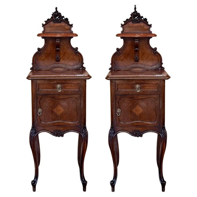 Antique French Walnut Night Stands with marble top and crest, 1900, A Pair For Sale - Image 15 of 18