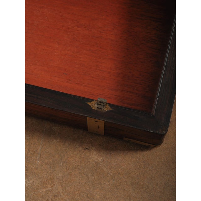 Vintage Brass Bound Campaign Writing Slope Lap Desk With Velvet Interior Storage Compartments Folding Travel Writing Box For Sale - Image 14 of 14