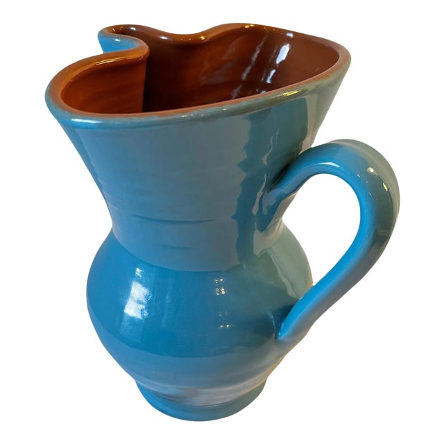 Vintage Hand-Crafted Ceramic Blue & Brown Glaze Pitcher For Sale