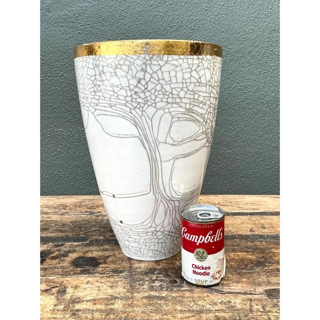 Ceramic Vintage Italian Gold Rimmed Crackle Ceramic Vase For Sale - Image 7 of 12