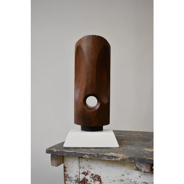Mid-Century Modern Vintage Large-Scale Kinetic Teak Mask Sculpture Mounted to Painted Wood Tiered Base by Paul Bechtold, Circa Mid 20th Century For Sale - Image 3 of 18