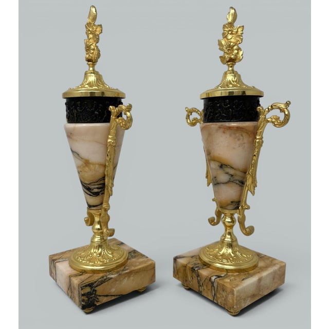 Traditional Pair French Regency Styl Giallo Sienna Marble Gilt Bronze Cassolettes Urns Vases For Sale - Image 3 of 10