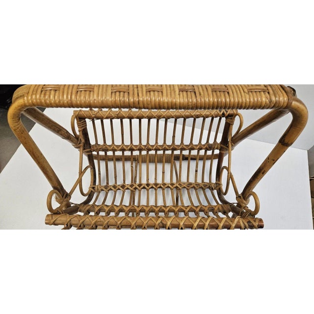 Vintage MCM Rattan Wicker 19" Magazine Rack Stand Franco Albini Style Boho Decor For Sale - Image 11 of 14