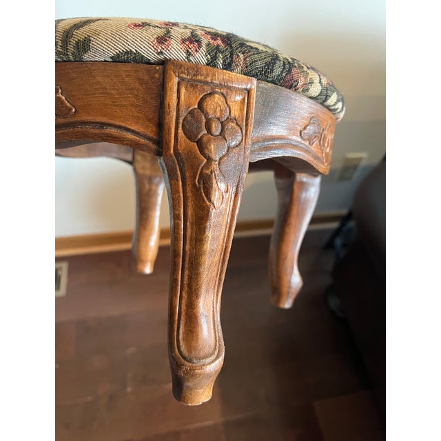 Vintage Carved Wood Footstool With Floral Tapestry Upholstery For Sale - Image 10 of 12