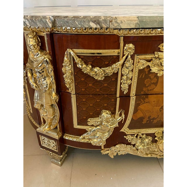 Antique Louis XVI Style of Mahogany, Fruitwood Marquetry & Gilt Bronze Mounted Commodes after the Original by Jean-Henri Riesener, 1900s, Set of 2 For Sale - Image 9 of 18
