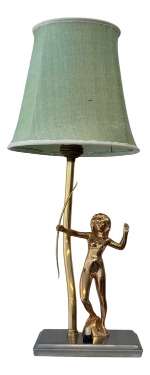 Scandinavian Art Deco Table Lamp with Female in Brass and Steel, Sweden, 1920s