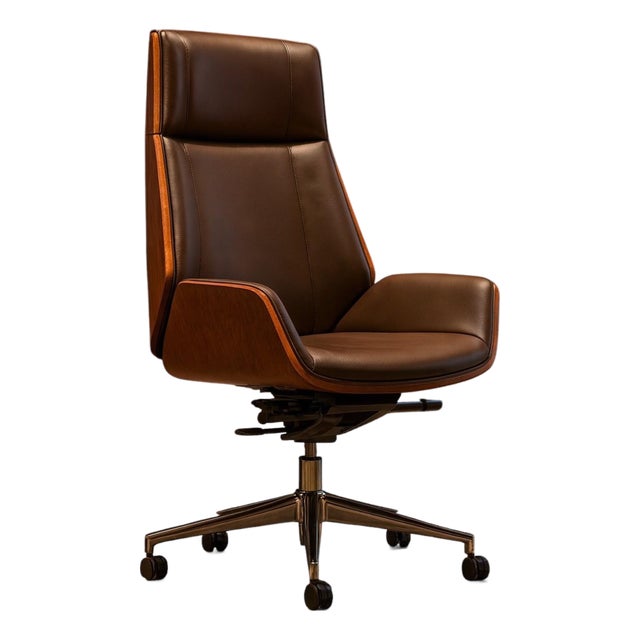 Luxury Walnut Wood & Brown Leatherette Executive Office Chair – High Back, Swivel & Adjustable For Sale
