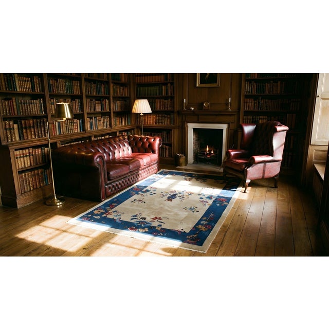 1920s Tan Sand Floral Vase Antique Chinese Art Deco Carpet 5' X 7'10" Handwoven Wool Rug For Sale - Image 9 of 11