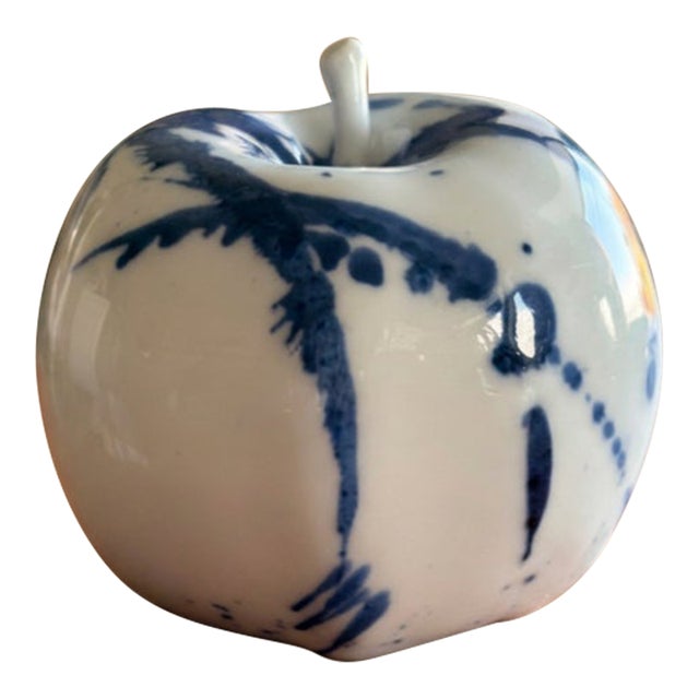 Porcelain Apple Sculpture Blue + White Jingdezhen Studio Pottery "Ping Peace & Harmony" With Internal Rattle Signed For Sale