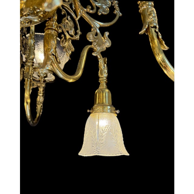 Gold Vintage Brass 2-Up 2-Down Chandelier, Etched Glass Shades, Victorian Revival Lighting Fixture For Sale - Image 8 of 18