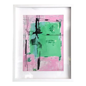Popcorn. VII Framed Abstract Modern Green/Purple Painting