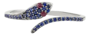 Dainty Ruby and Blue Sapphire Art Deco Snake Ring in 18k Gold Size 6.5