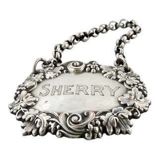 Vintage Silverplate Sherry Hanging Liquor Tag With Grapes For Sale