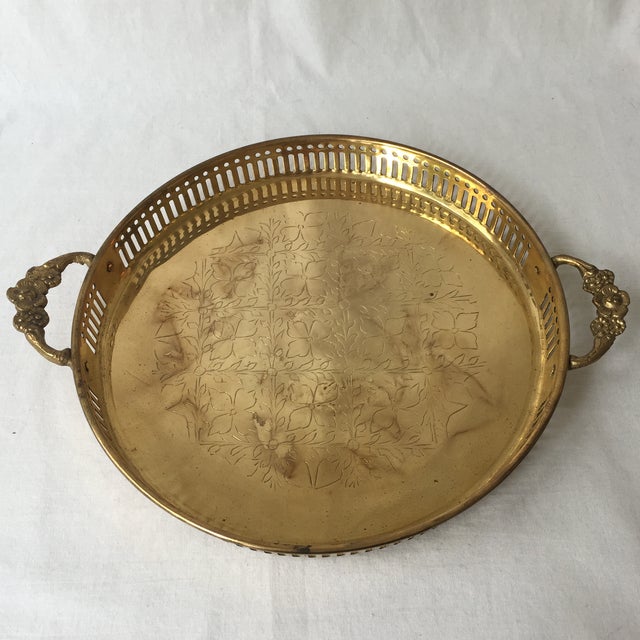 Vintage Brass Tray with Floral Handles Chairish