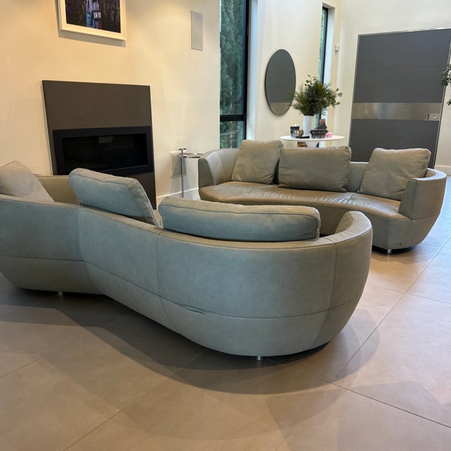 2010s Roche Bobois Curved Leather Sofas in Soft Sage Blue: A Pair For Sale - Image 5 of 12