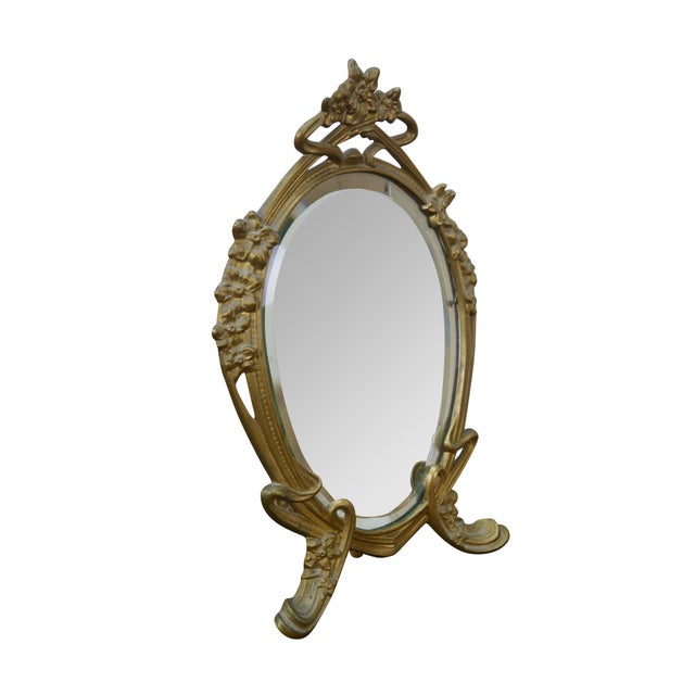Art Nouveau Antique Victorian Art Nouveau Gilt Brass Tabletop Vanity Dressing Mirror 14" For Sale - Image 3 of 13
