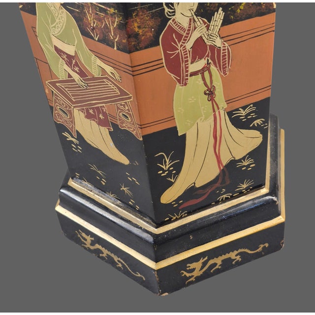 Vintage Asian Black Lacquer Hexagonal Figural Chinoiserie Table Lamp For Sale - Image 6 of 12