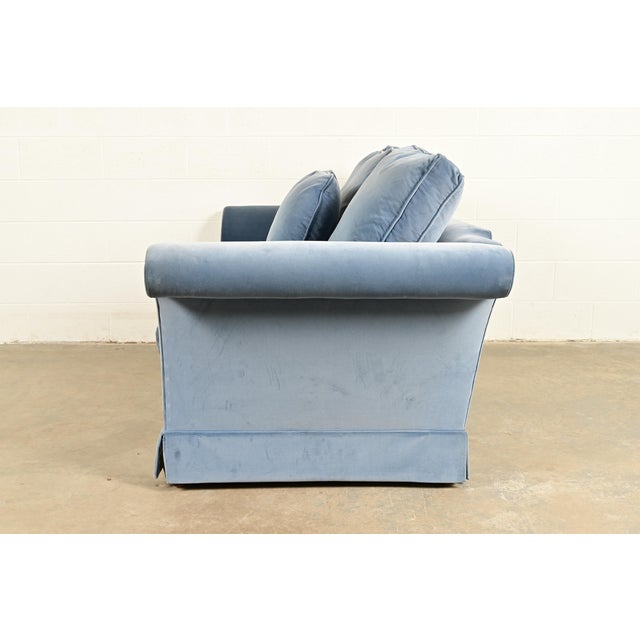 Baker Furniture Blue Velvet Upholstered Roll Arm Sofa For Sale - Image 10 of 13