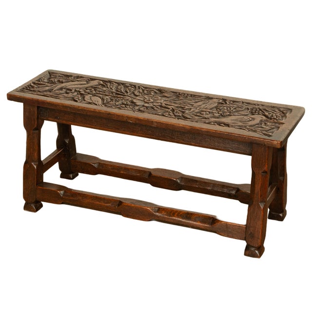 Antique English Carved Oak Arts & Crafts Hall Bench Seat 'Birds in a Tree' 1900 For Sale - Image 13 of 14