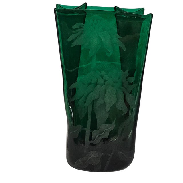 Blenko 8813m Paper Bag Vase Hand Etched by Jennifer Pontz 9.75" For Sale In San Francisco - Image 6 of 14