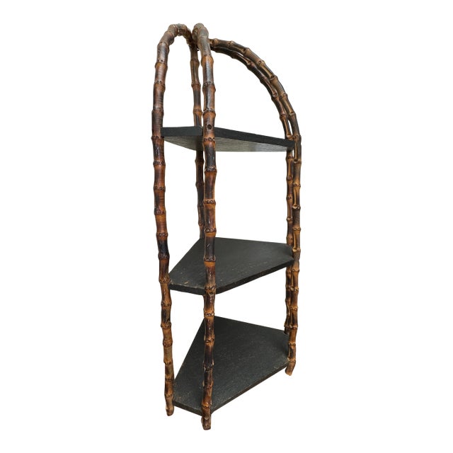 Antique Burnt Bamboo Hanging Corner Shelf For Sale