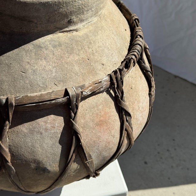 Large Light Grey Terracotta Pot with Brown Rattan Handles and Crossbars, 1960s For Sale - Image 6 of 7
