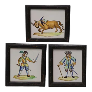 Three Tiles W/ Bull, Swordsmen in a Frame