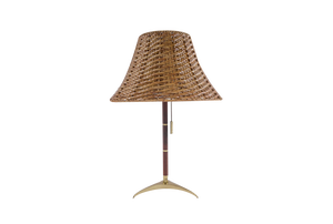Mid-Century Modern Table Lamp in Brass, Wicker and Teak, Austria, 1950s