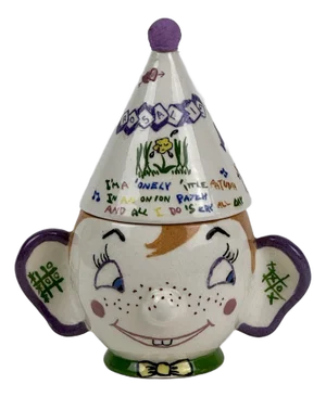 Vintage Grandma to Granddaughter Whimsical Ceramic Lidded Jar of Happy Face With Big Ears