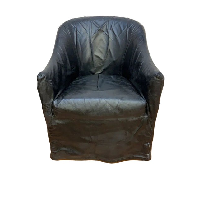 Mid-Century Modern Vintage Mario Bellini Style Black Italian Draped Leather Barrel Back Club Chairs by Neidermier - Pair For Sale - Image 3 of 8