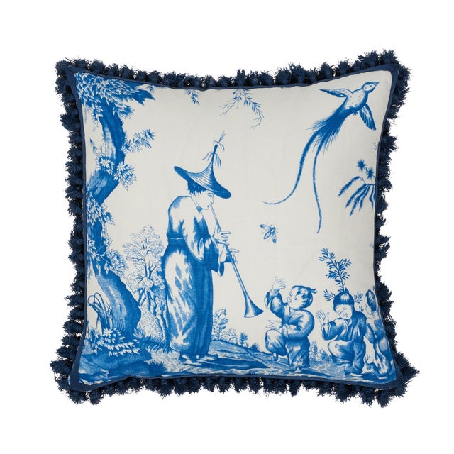 Contemporary Schumacher Shengyou Toile Pillow in Blue For Sale