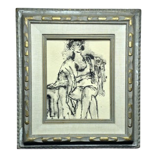 Mid-Century Figural Seated Woman Ink Drawing in Ornate Gold Gilt Frame For Sale