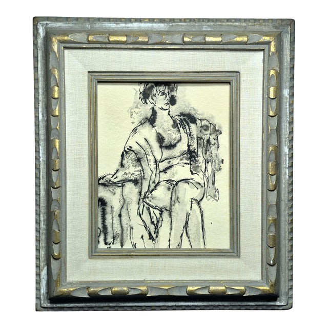 Mid-Century Figural Seated Woman Ink Drawing in Ornate Gold Gilt Frame For Sale