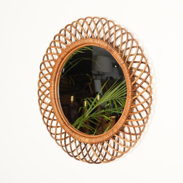 Glass Mid-Century Round Mirror in Rattan and Wicker from Franco Albini, Italy, 1970s For Sale - Image 7 of 11