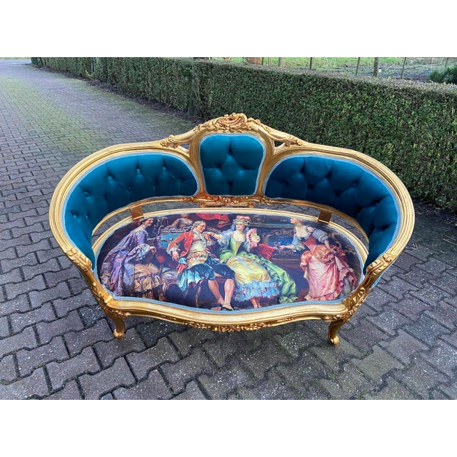 1980 French Louis XVI Blue Velvet Gilt Beech Settee For Sale - Image 9 of 15