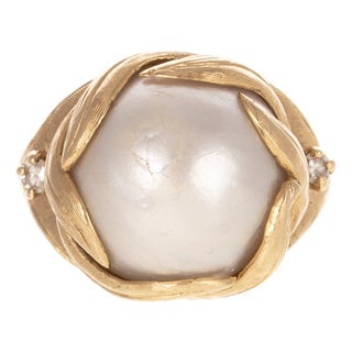 14k Gold Mabè Pearl & Diamond Ring Vintage For Sale