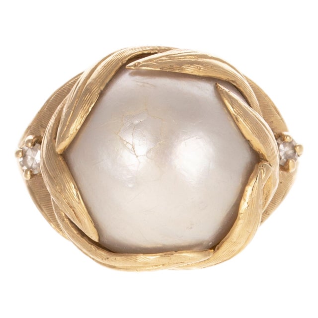 14k Gold Mabè Pearl & Diamond Ring Vintage For Sale