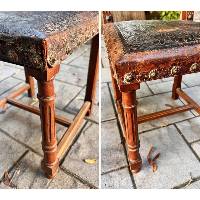 Set of 6 Antique Late 1800s French Henri II Walnut Dining Chairs With Leather Upholstery For Sale - Image 11 of 12