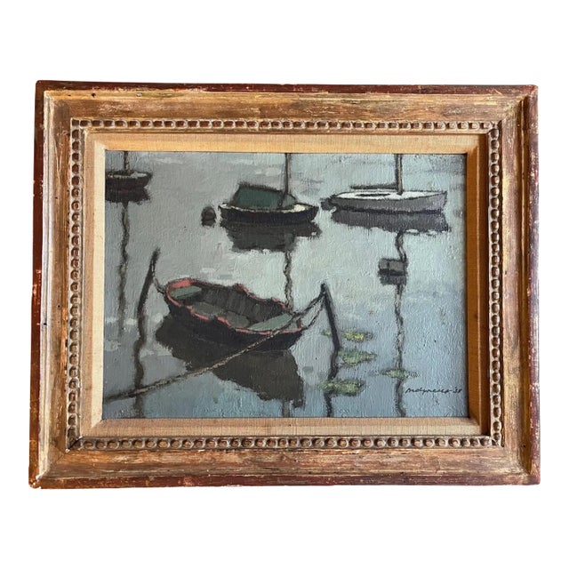 Edward Henry Molyneux (British, 1891-1974) Oil Painting on Canvas Evening Harbor at Dusk, 1938 For Sale