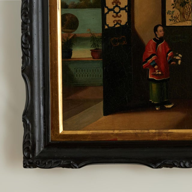 Wood Antique Chinese Painting of an Interior Scene For Sale - Image 7 of 11